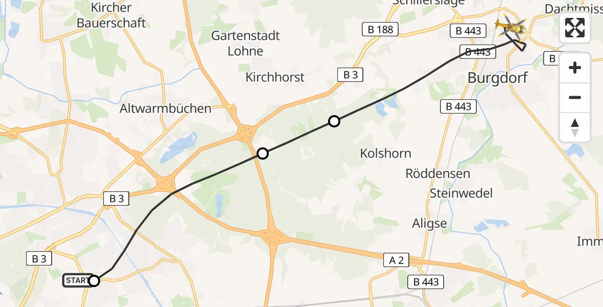 Flugroute Rettungshubschrauber Hannover Luftrettung Hubschrauberlandeplatz (Christoph 4) - Burgdorf, 30 Juni 2026, 08:11