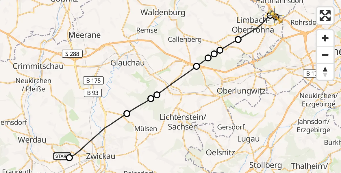 Flugroute Rettungshubschrauber ADAC Air Rescue Station Zwickau Hubschrauberlandeplatz - Limbach-Oberfrohna, 30 Juni 2026, 08:16