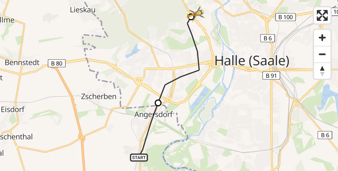 Flugroute Rettungshubschrauber Teutschenthal - Halle (Saale) University Hospital, 30 Juni 2026, 08:23