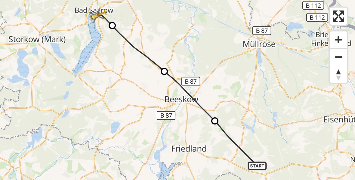 Flugroute Rettungshubschrauber Friedland - Bad Saarow Hospital Hubschrauberlandeplatz, 30 Juni 2026, 08:25