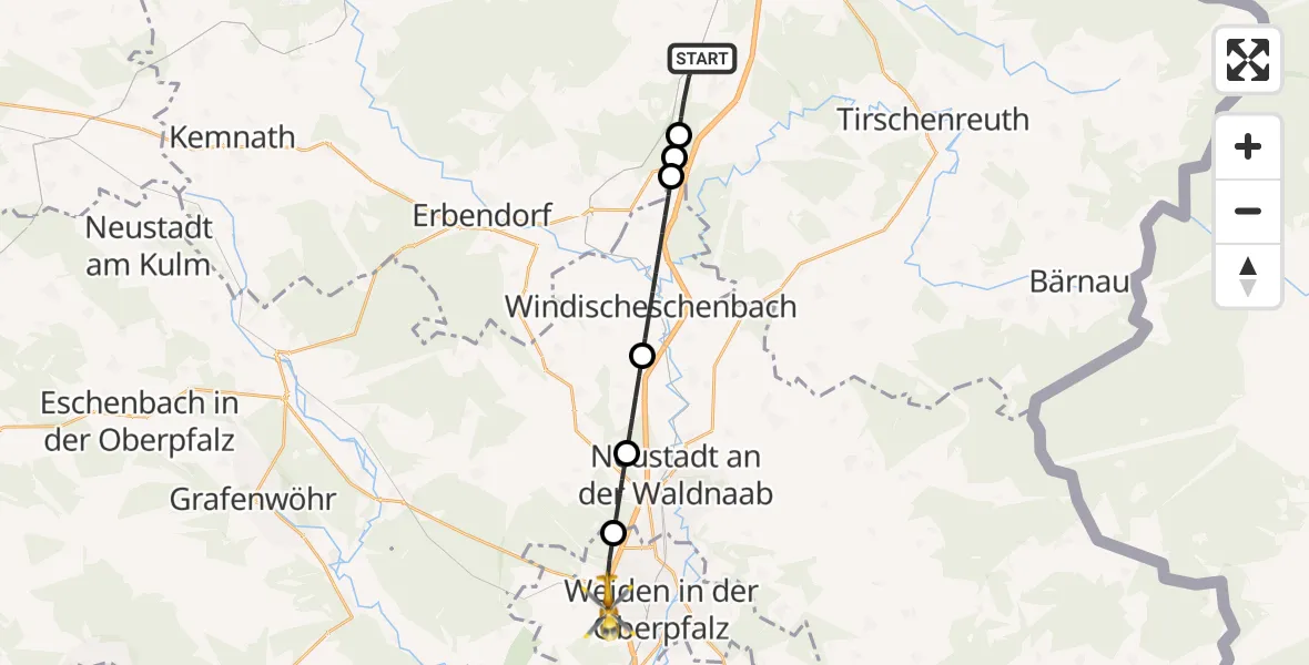 Flugroute Rettungshubschrauber Wiesau - Weiden i.d.OPf., 30 Juni 2026, 08:27