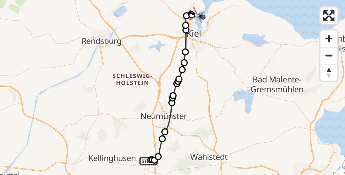 Flugroute Polizeihubschrauber Bad Bramstedt Hubschrauberlandeplatz - Kiel-Holtenau Flughafen, 30 Juni 2026, 08:29