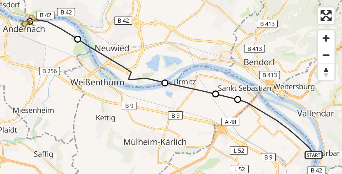 Flugroute Rettungshubschrauber Koblenz - Sankt-Nikolaus Diocesan Hospital, 30 Juni 2026, 08:30