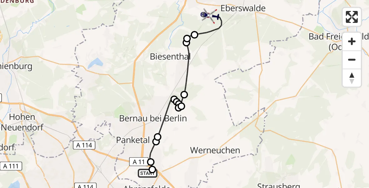 Flugroute Polizeihubschrauber Ahrensfelde Hubschrauberlandeplatz - Eberswalde, 30 Juni 2026, 08:35