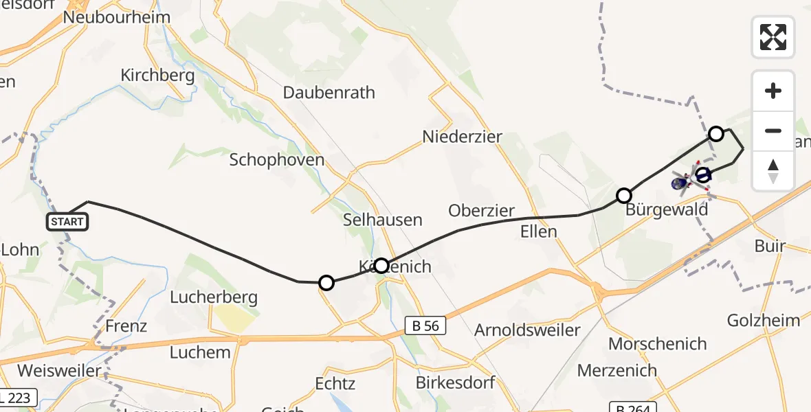 Flugroute Polizeihubschrauber Inden - Morschenich Ultraleichtflugplatz, 30 Juni 2026, 08:35