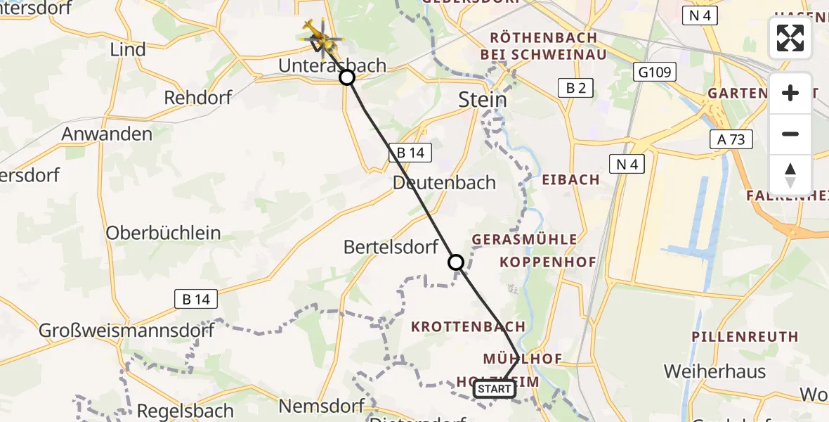 Flugroute Rettungshubschrauber Nürnberg - Oberasbach, 30 Juni 2026, 08:35
