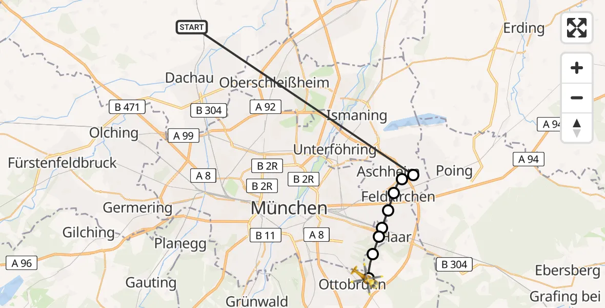 Flugroute Rettungshubschrauber Röhrmoos - Ottobrunn, 30 Juni 2026, 08:40