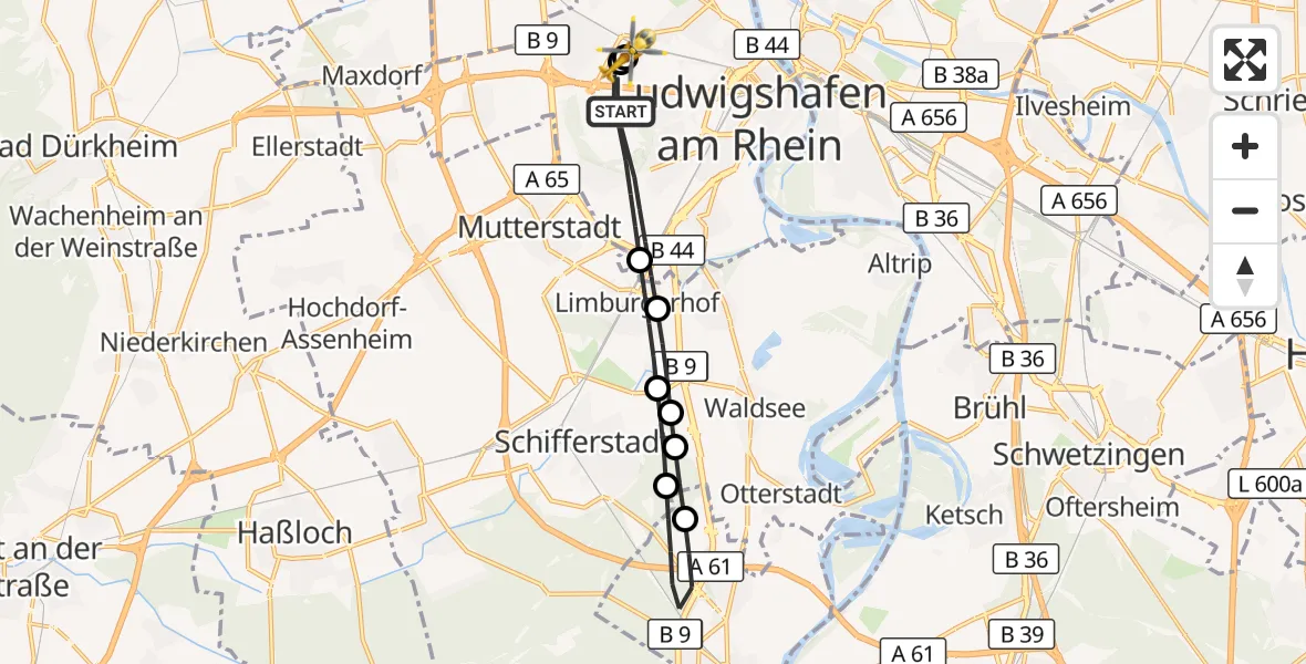Flugroute Rettungshubschrauber Ludwigshafen am Rhein - Ludwigshafen Accident Hospital, 30 Juni 2026, 08:41