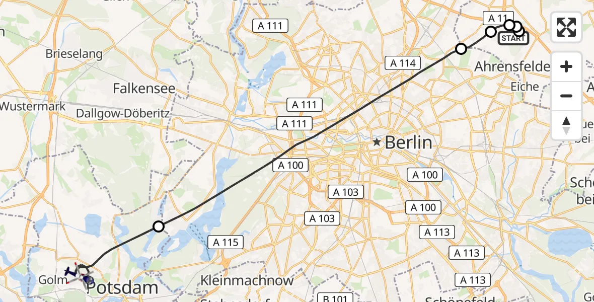 Flugroute Polizeihubschrauber Ahrensfelde Hubschrauberlandeplatz - Potsdam, 30 Juni 2026, 08:45
