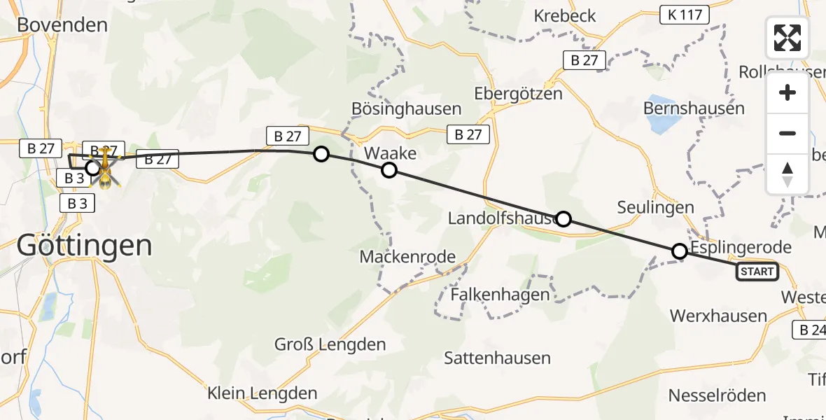 Flugroute Rettungshubschrauber Duderstadt - Göttingen University Clinic Hubschrauberlandeplatz, 30 Juni 2026, 08:47