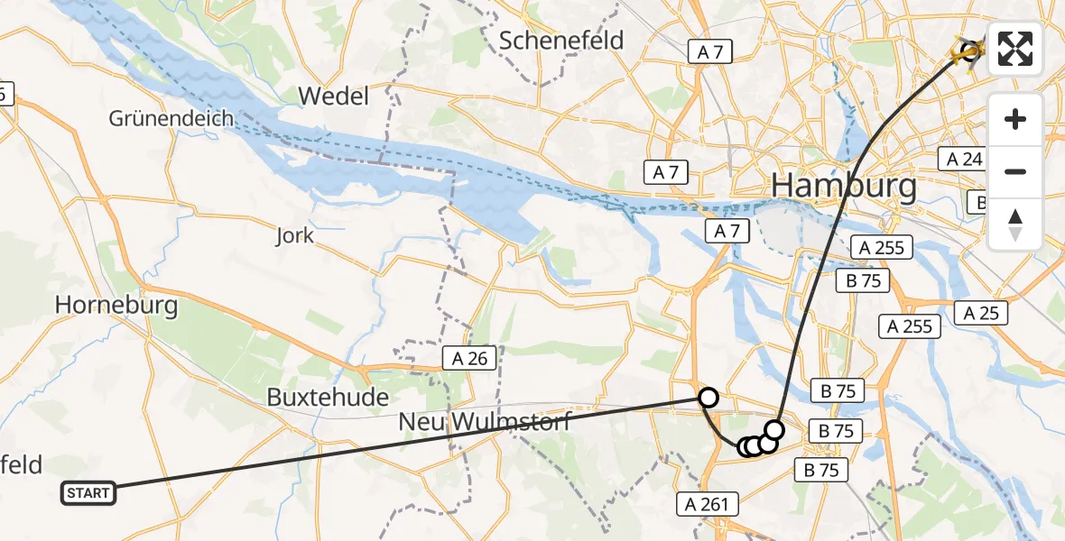 Flugroute Rettungshubschrauber Harsefeld - Hamburg Military Hospital, 30 Juni 2026, 08:50