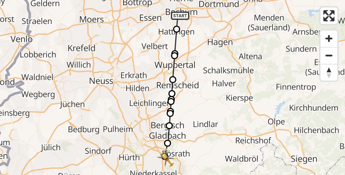 Flugroute Ambulanzhubschrauber Bochum - Köln Bonn Flughafen, 30 Juni 2026, 08:50
