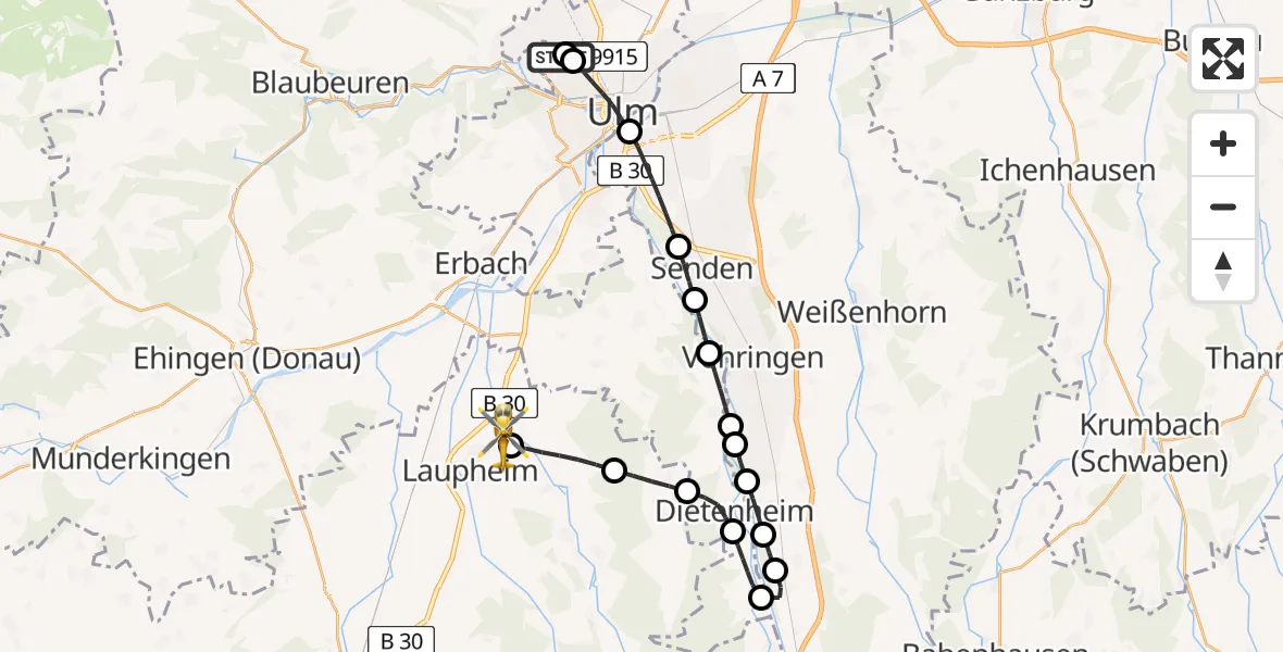 Flugroute Rettungshubschrauber Ulm Military Hospital Emergency - Achstetten, 30 Juni 2026, 08:54