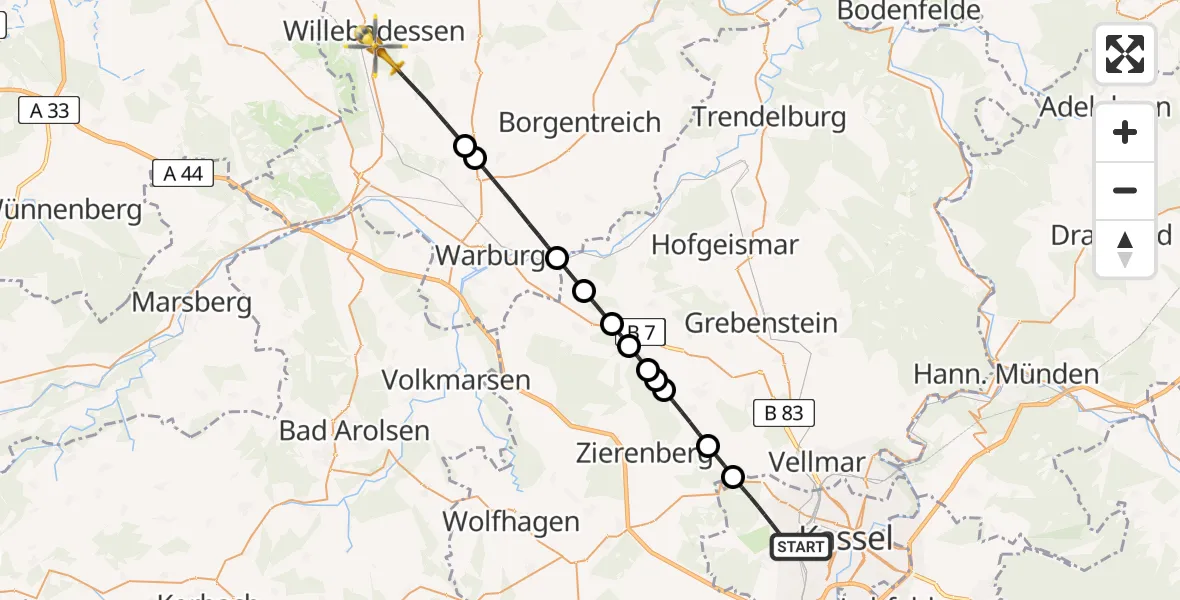 Flugroute Rettungshubschrauber Kassel - Willebadessen, 30 Juni 2026, 08:55
