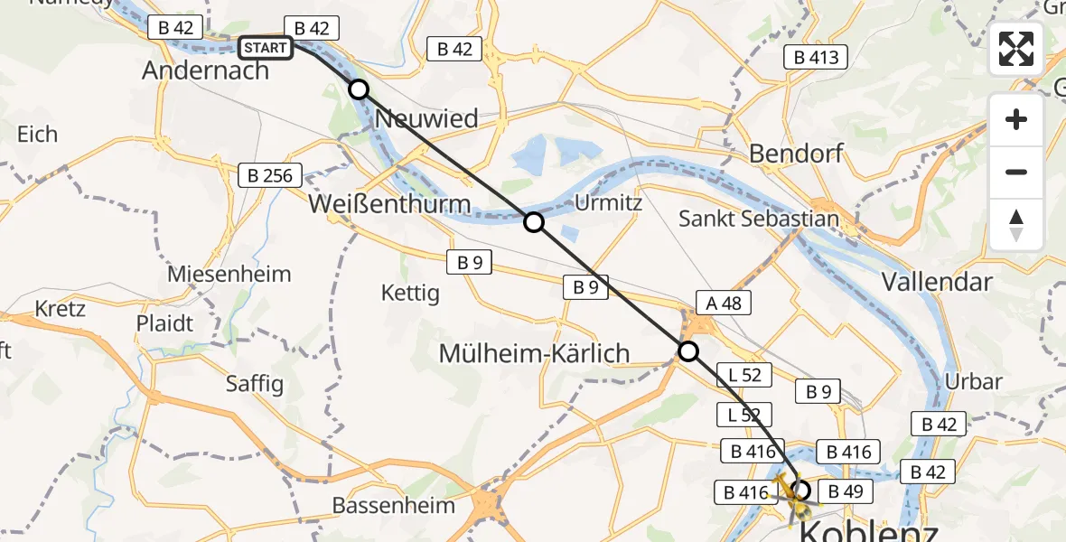 Flugroute Rettungshubschrauber Andernach - Katholisches Klinikum Marienhof Koblenz Hubschrauberlandeplatz, 30 Juni 2026, 08:57