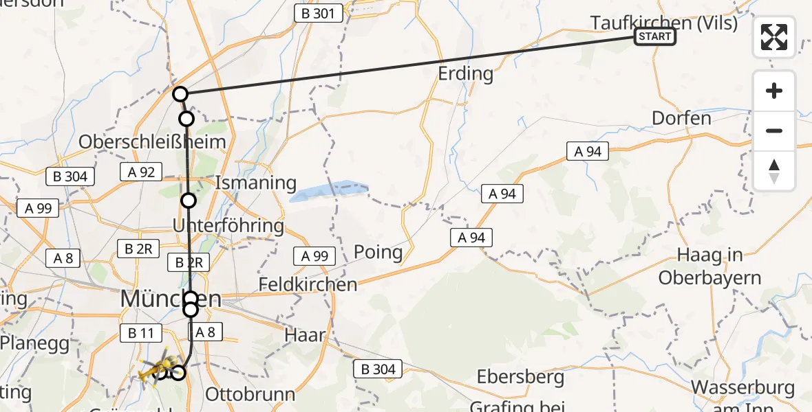 Flugroute Rettungshubschrauber Taufkirchen (Vils) - ADAC Air Rescue Center Hubschrauberlandeplatz (Christoph 1), 30 Juni 2026, 08:57