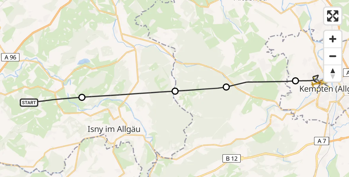 Flugroute Rettungshubschrauber Argenbühl - Kempten (Allgäu), 30 Juni 2026, 09:06