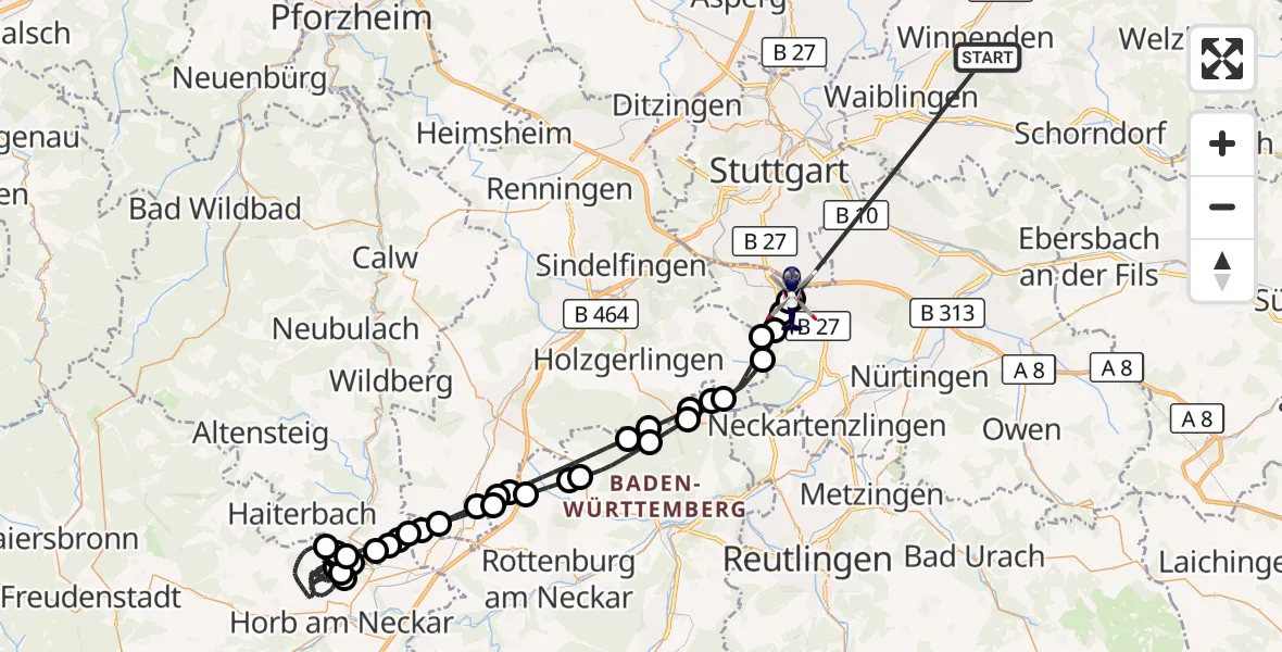 Flugroute Polizeihubschrauber Winnenden - Flughafen Stuttgart, 30 Juni 2026, 09:06