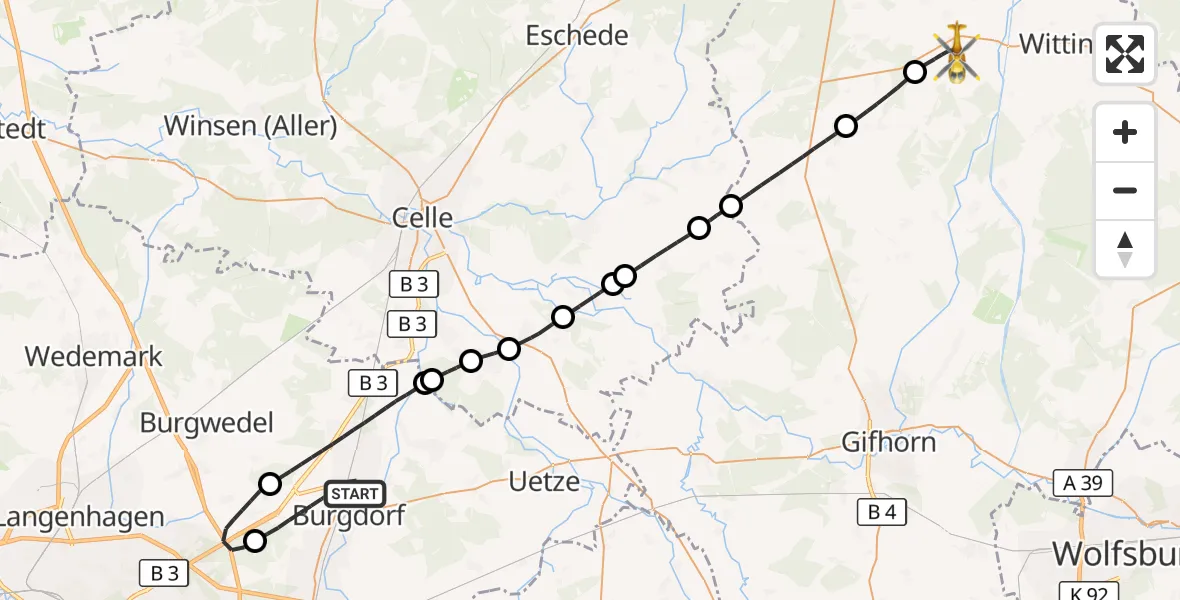 Flugroute Rettungshubschrauber Burgdorf - Hankensbüttel, 30 Juni 2026, 09:11
