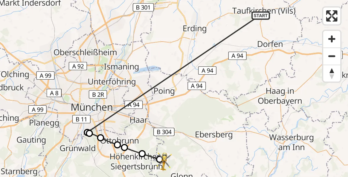 Flugroute Rettungshubschrauber Taufkirchen (Vils) - Oberpframmern, 30 Juni 2026, 09:12