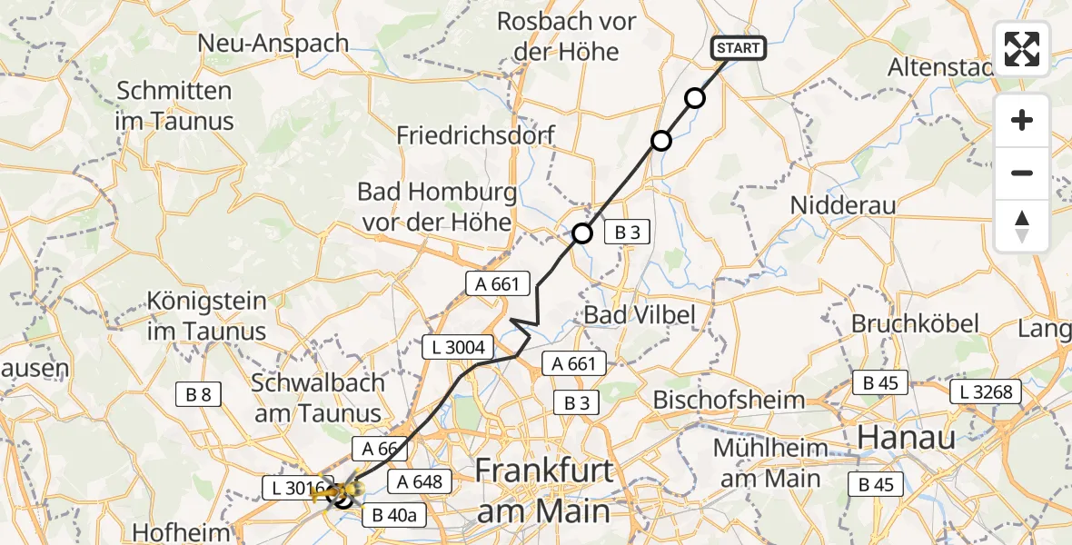 Flugroute Ambulanzhubschrauber Niddatal - Frankfurt Höchst Hospital, 30 Juni 2026, 09:14