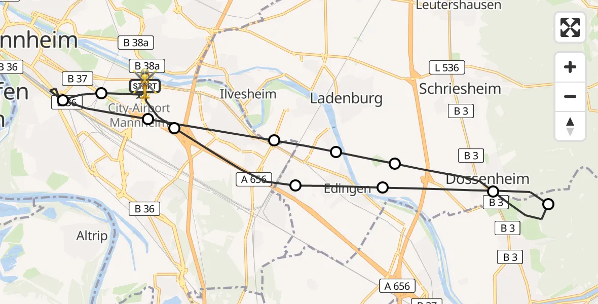 Flugroute Rettungshubschrauber Mannheim-City Flughafen - Mannheim-City Flughafen, 30 Juni 2026, 09:14