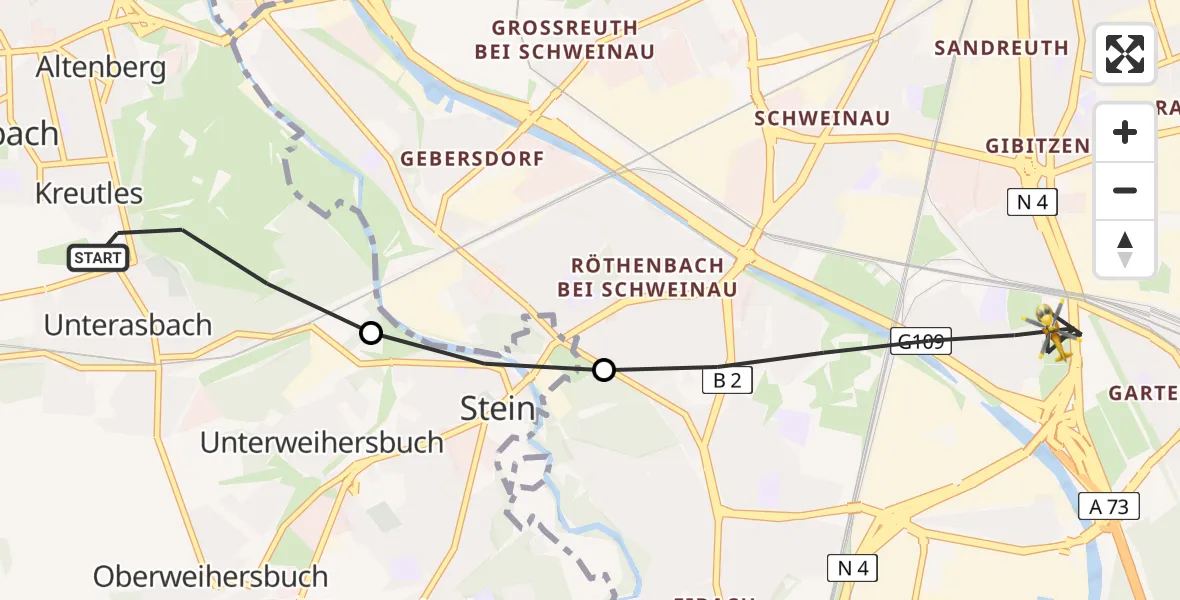 Flugroute Rettungshubschrauber Oberasbach - Nürnberg, 30 Juni 2026, 09:15