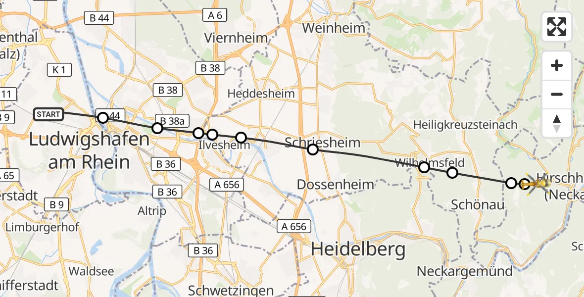 Flugroute Rettungshubschrauber Ludwigshafen am Rhein - Hirschhorn (Neckar), 30 Juni 2026, 09:19