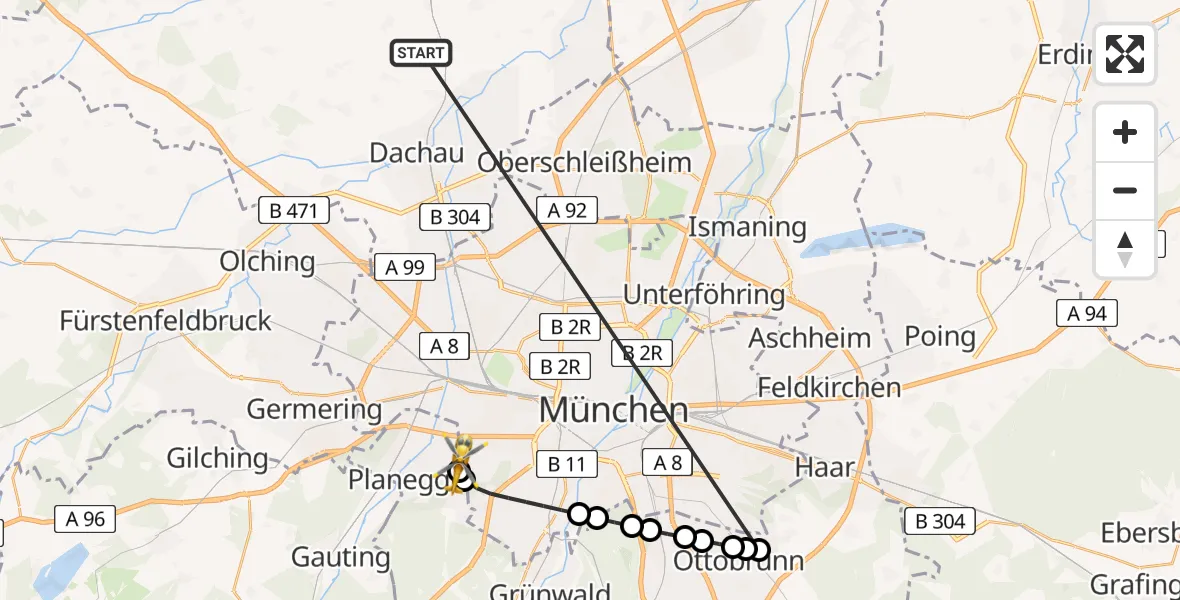 Flugroute Rettungshubschrauber Röhrmoos - DRF Air Rescue München Hubschrauberlandeplatz, 30 Juni 2026, 09:20