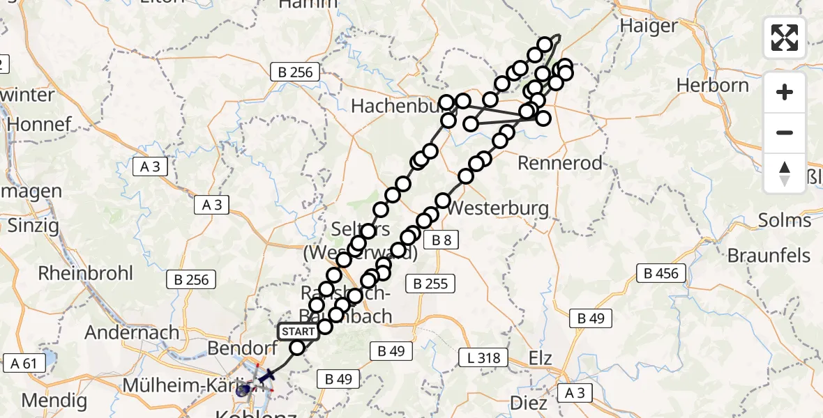 Flugroute Polizeihubschrauber Höhr-Grenzhausen - Koblenz, 30 Juni 2026, 09:25