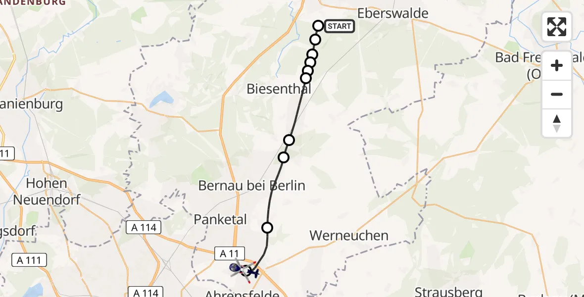 Flugroute Polizeihubschrauber Eberswalde - Ahrensfelde Hubschrauberlandeplatz, 30 Juni 2026, 09:28