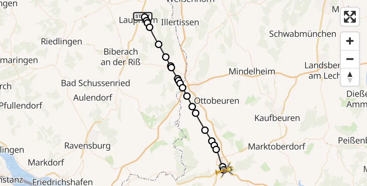 Flugroute Rettungshubschrauber Achstetten - Kempten-Durach Flugplatz, 30 Juni 2026, 09:32
