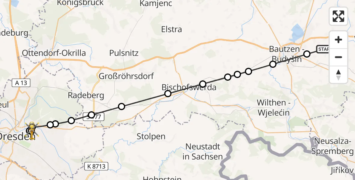 Flugroute Rettungshubschrauber Kubschütz - Dresden University Hospital, 30 Juni 2026, 09:33