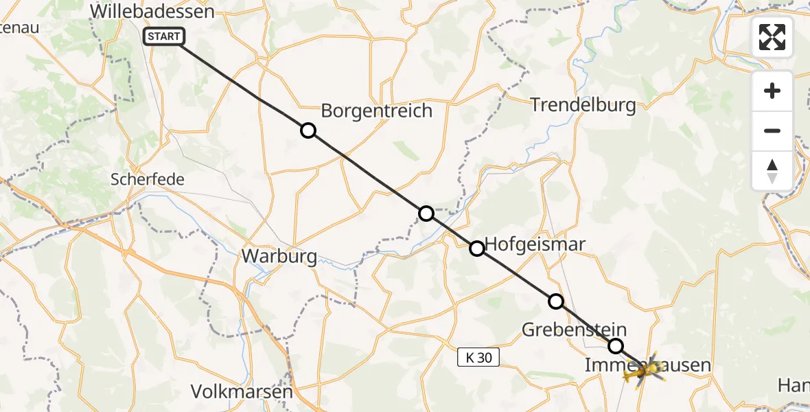 Flugroute Rettungshubschrauber Willebadessen - Immenhausen, 30 Juni 2026, 09:33