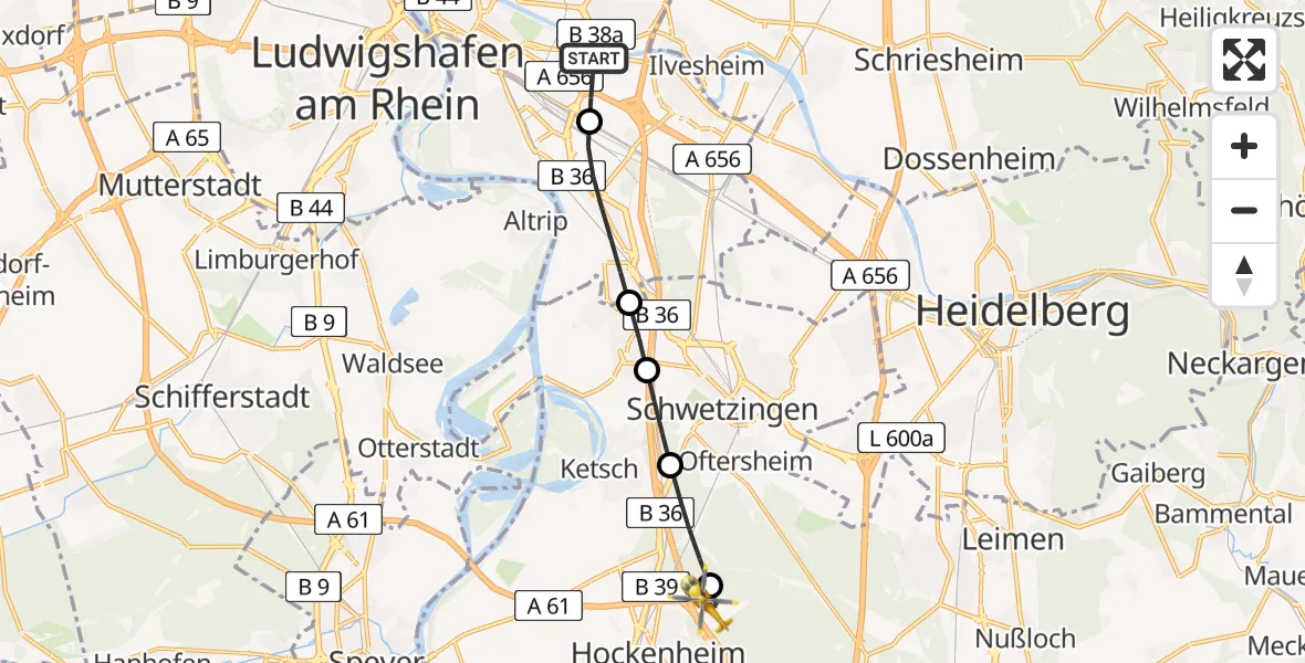 Flugroute Rettungshubschrauber Mannheim-City Flughafen - Hockenheim, 30 Juni 2026, 09:36
