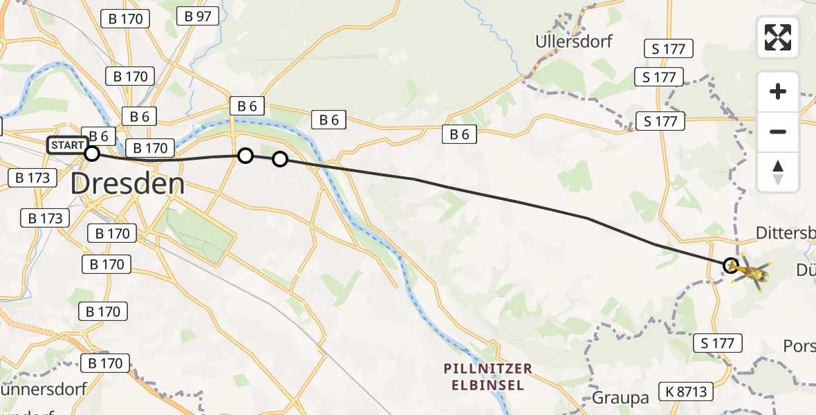 Flugroute Rettungshubschrauber Dresden Friedrichstadt Hospital - Dürrröhrsdorf-Dittersbach, 30 Juni 2026, 09:38