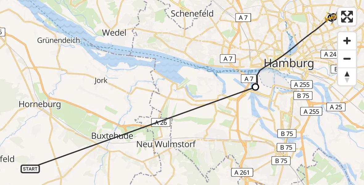 Flugroute Rettungshubschrauber Harsefeld - Hamburg Military Hospital, 30 Juni 2026, 09:43