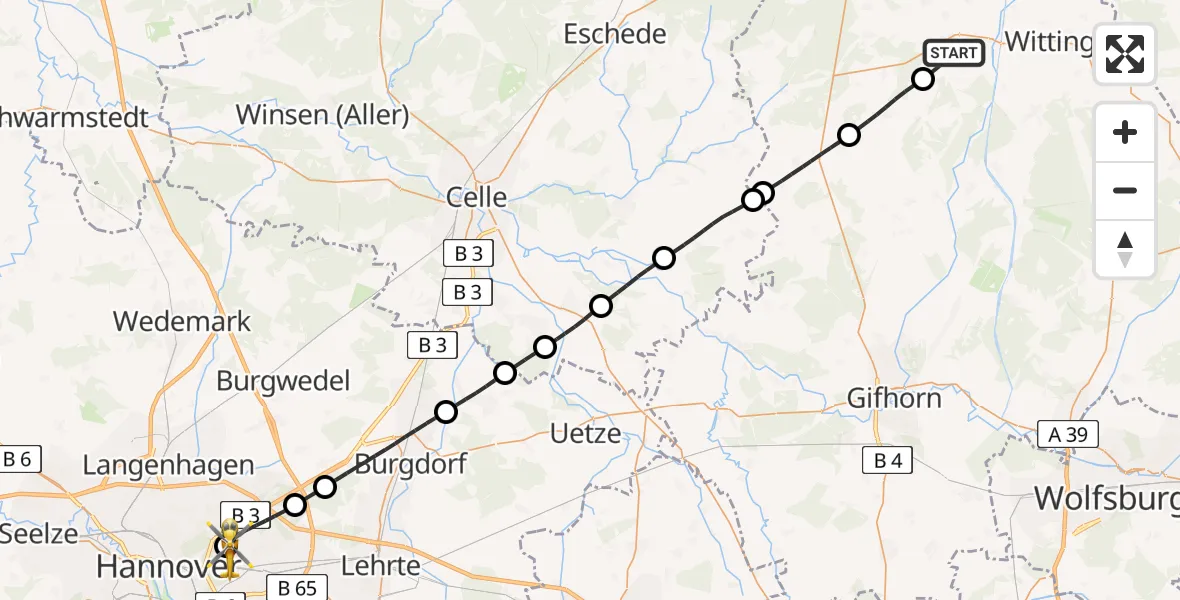 Flugroute Rettungshubschrauber Hankensbüttel - Hannover Luftrettung Hubschrauberlandeplatz (Christoph 4), 30 Juni 2026, 09:44