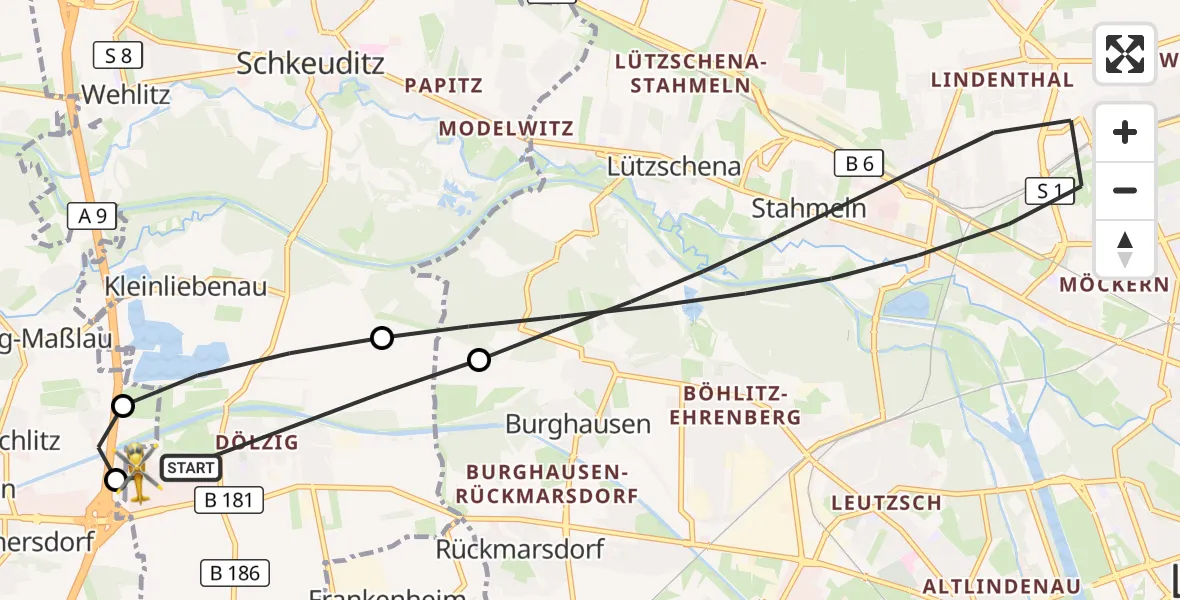 Flugroute Rettungshubschrauber Schkeuditz - ADAC Air Rescue Station Leipzig/Schkeuditz-Dölzig Hubschrauberlandeplatz (Christoph 61), 30 Juni 2026, 09:44