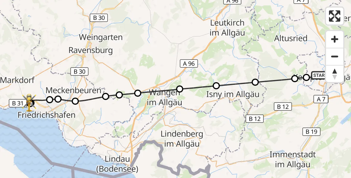 Flugroute Rettungshubschrauber Kempten (Allgäu) - Friedrichshafen Hospital, 30 Juni 2026, 09:45