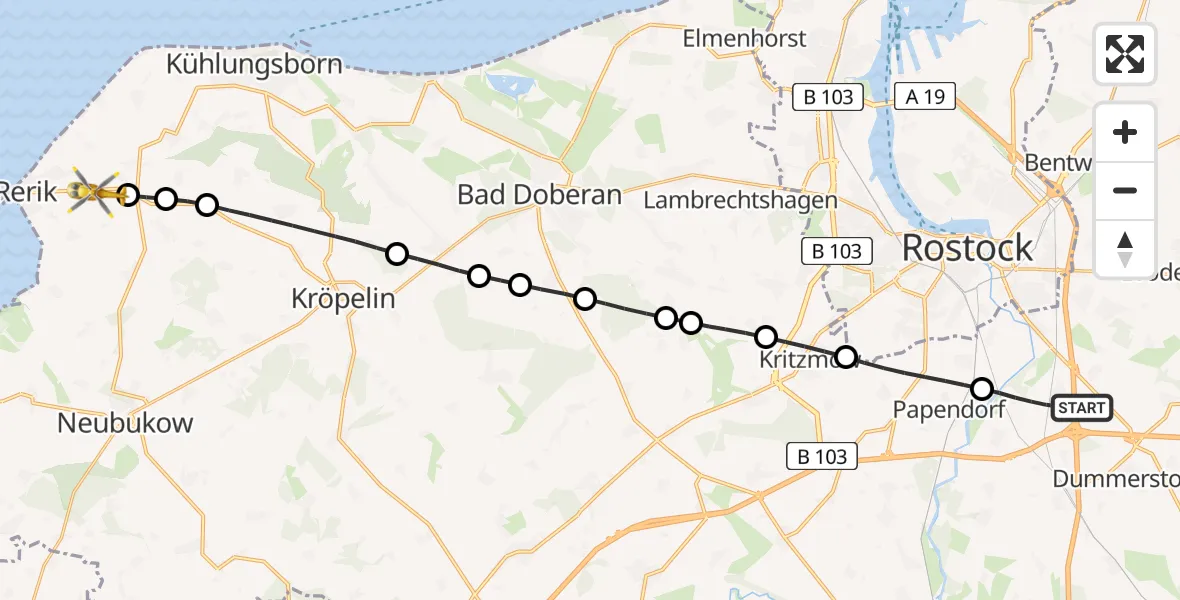 Flugroute Ambulanzhubschrauber Dummerstorf - Rerik, 30 Juni 2026, 09:51