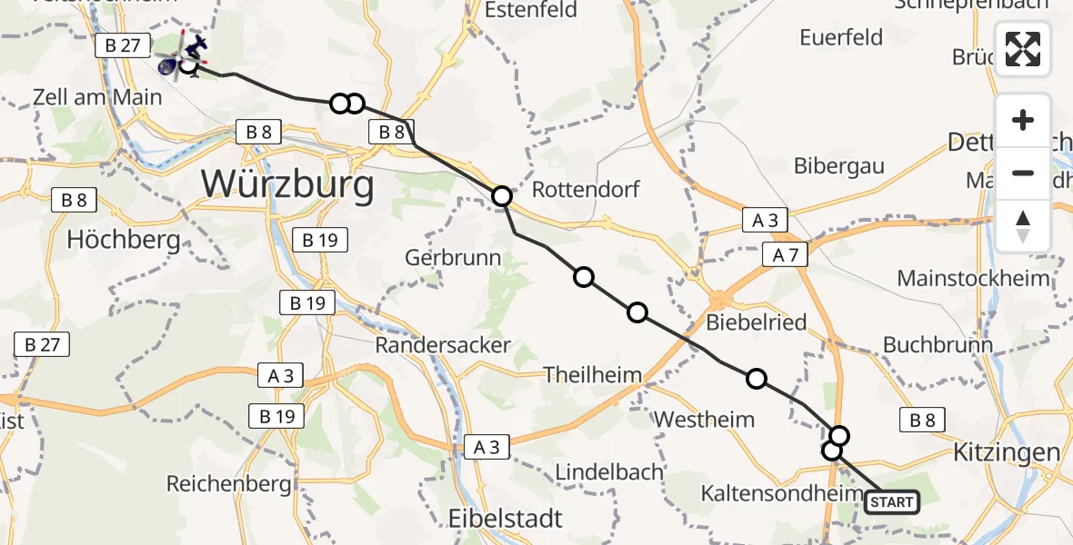 Flugroute Polizeihubschrauber Kitzingen - Würzburg-Schenkenturm Flugplatz, 30 Juni 2026, 10:00