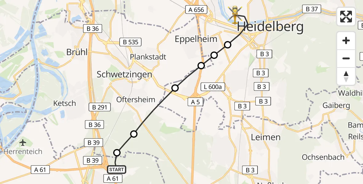 Flugroute Rettungshubschrauber Hockenheim - Heidelberg, 30 Juni 2026, 10:00