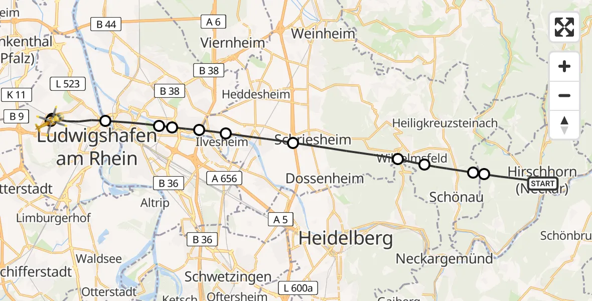 Flugroute Rettungshubschrauber Hirschhorn (Neckar) - Ludwigshafen Accident Hospital, 30 Juni 2026, 10:01