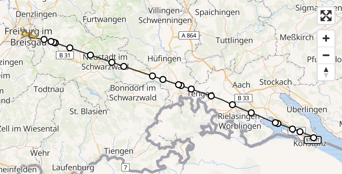 Flugroute Ambulanzhubschrauber Konstanz Hospital - Freiburg im Breisgau, 30 Juni 2026, 10:03