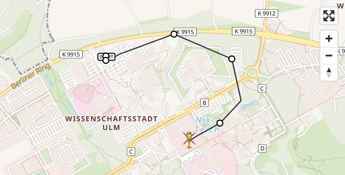 Flugroute Rettungshubschrauber Ulm Military Hospital Emergency - Ulm Military Hospital Emergency Hubschrauberlandeplatz, 30 Juni 2026, 10:07
