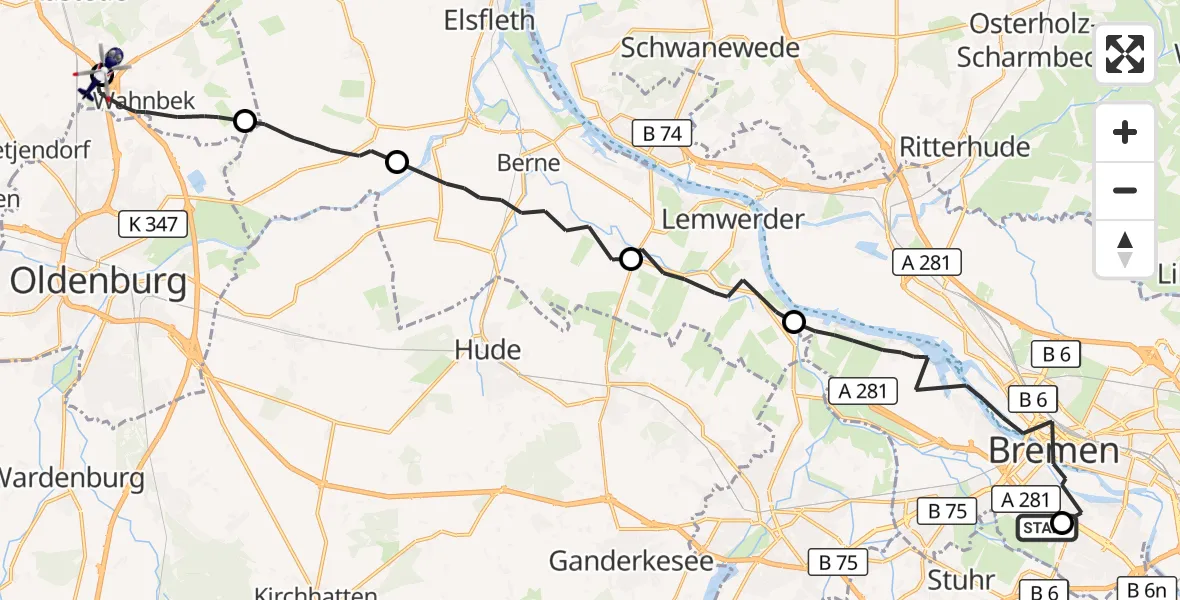 Flugroute Polizeihubschrauber Flughafen Bremen - Oldenburg Police Hubschrauberlandeplatz, 30 Juni 2026, 10:15
