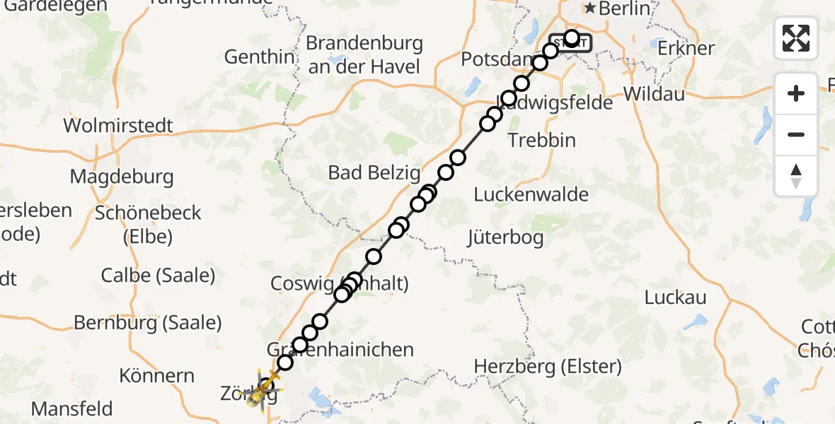Flugroute Rettungshubschrauber Charité Clinic Benjamin Franklin Campus - Zörbig, 30 Juni 2026, 10:17