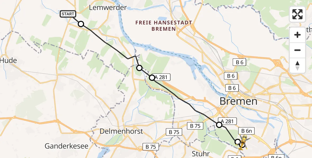 Flugroute Rettungshubschrauber Berne - ADAC Air Rescue Station Bremen Hubschrauberlandeplatz (Christoph 6), 30 Juni 2026, 10:22