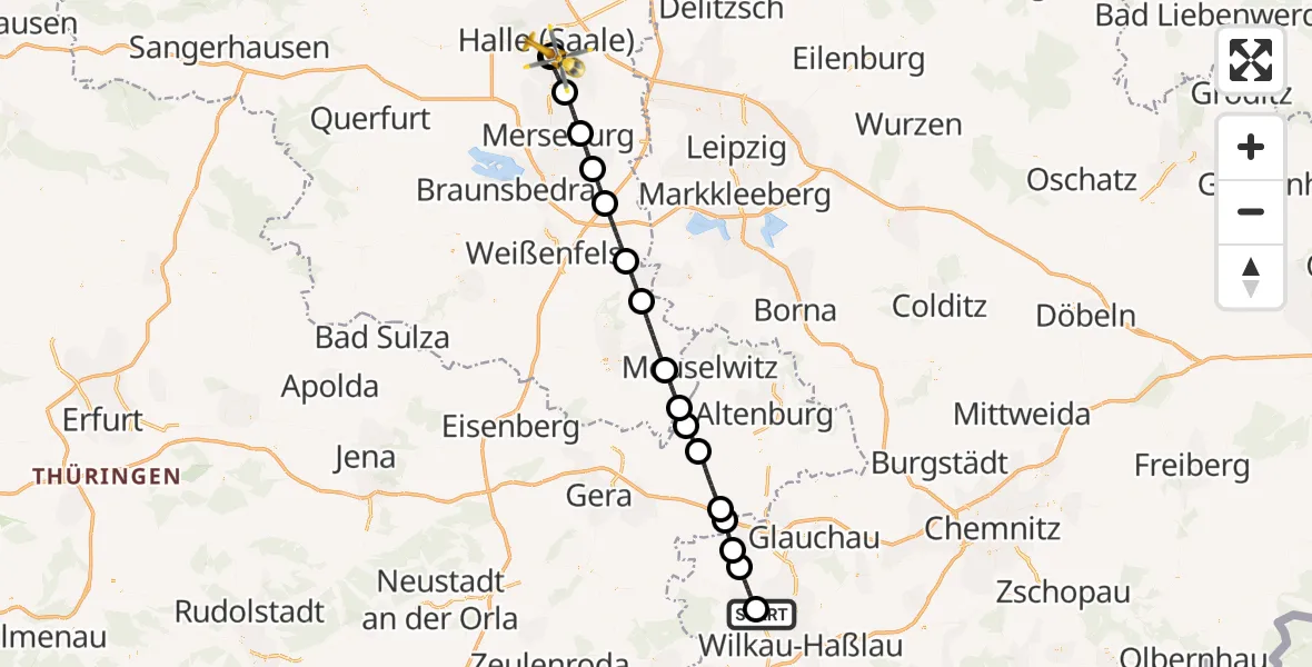 Flugroute Rettungshubschrauber ADAC Air Rescue Station Zwickau Hubschrauberlandeplatz - BG Hospital Bergmannstrost Halle, 30 Juni 2026, 10:23